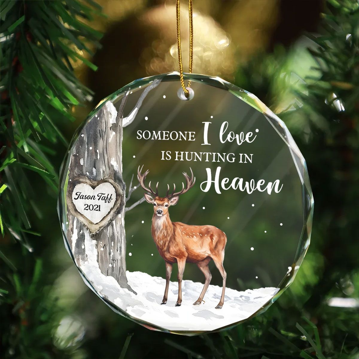 Hunting In Heaven Memorial Winter Personalized Glass Ornament