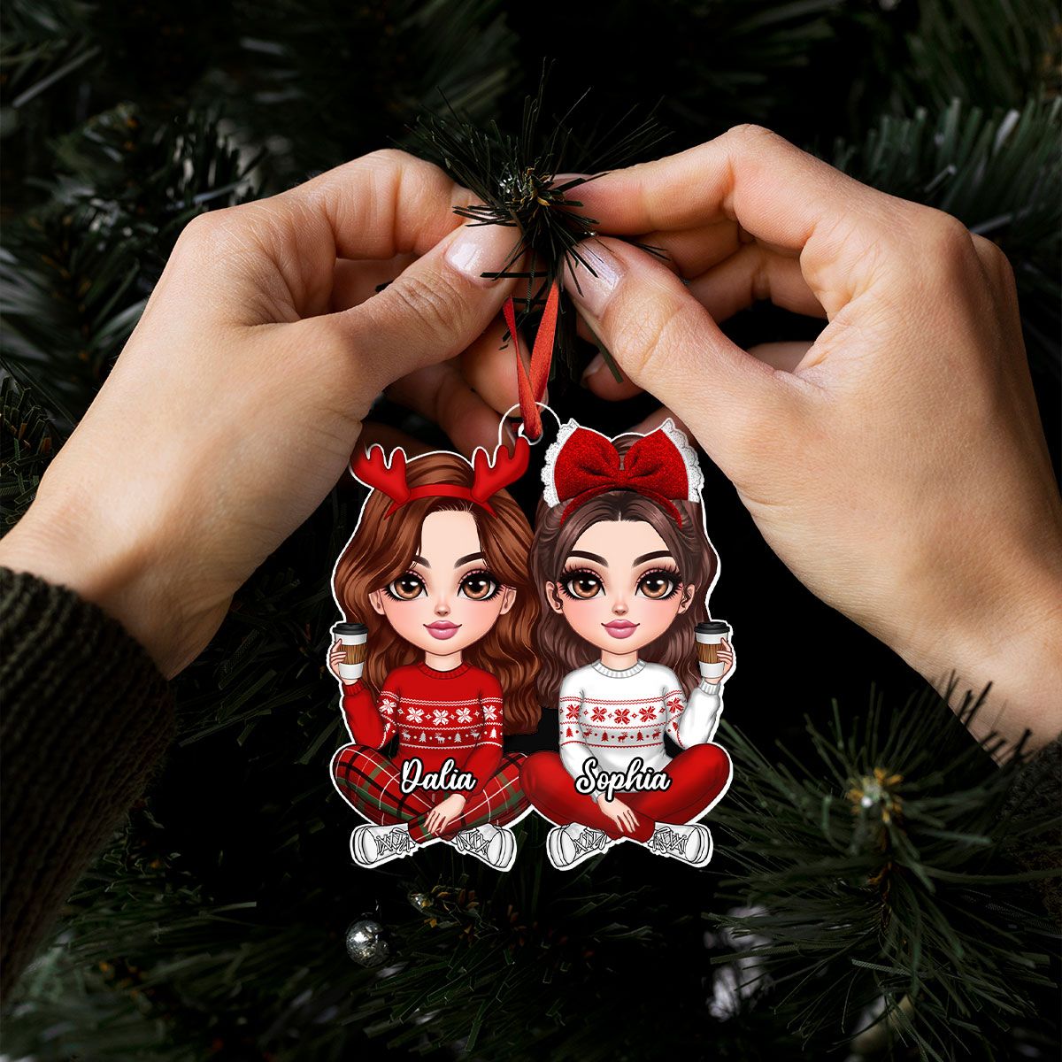 Pretty Christmas Best Friend Besties Sisters BFF Personalized Acrylic Custom Shaped Ornament