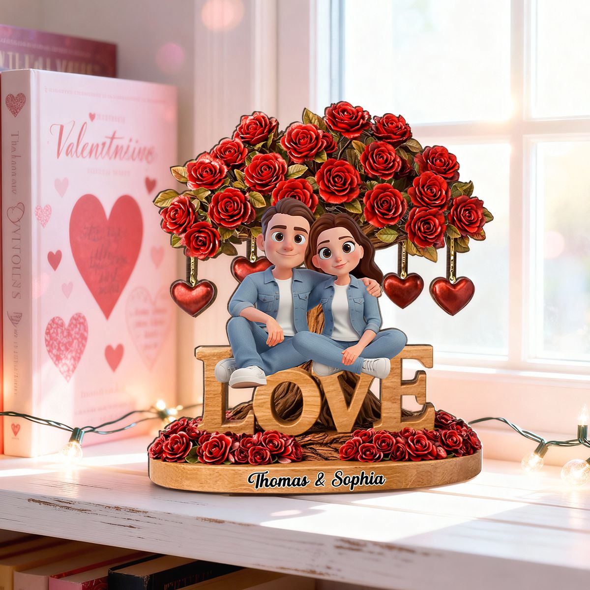 Couple Love Rose Tree Valentine's Day - Personalized 2-Layered Wooden Plaque - Sentimental Gift for Her, for Him