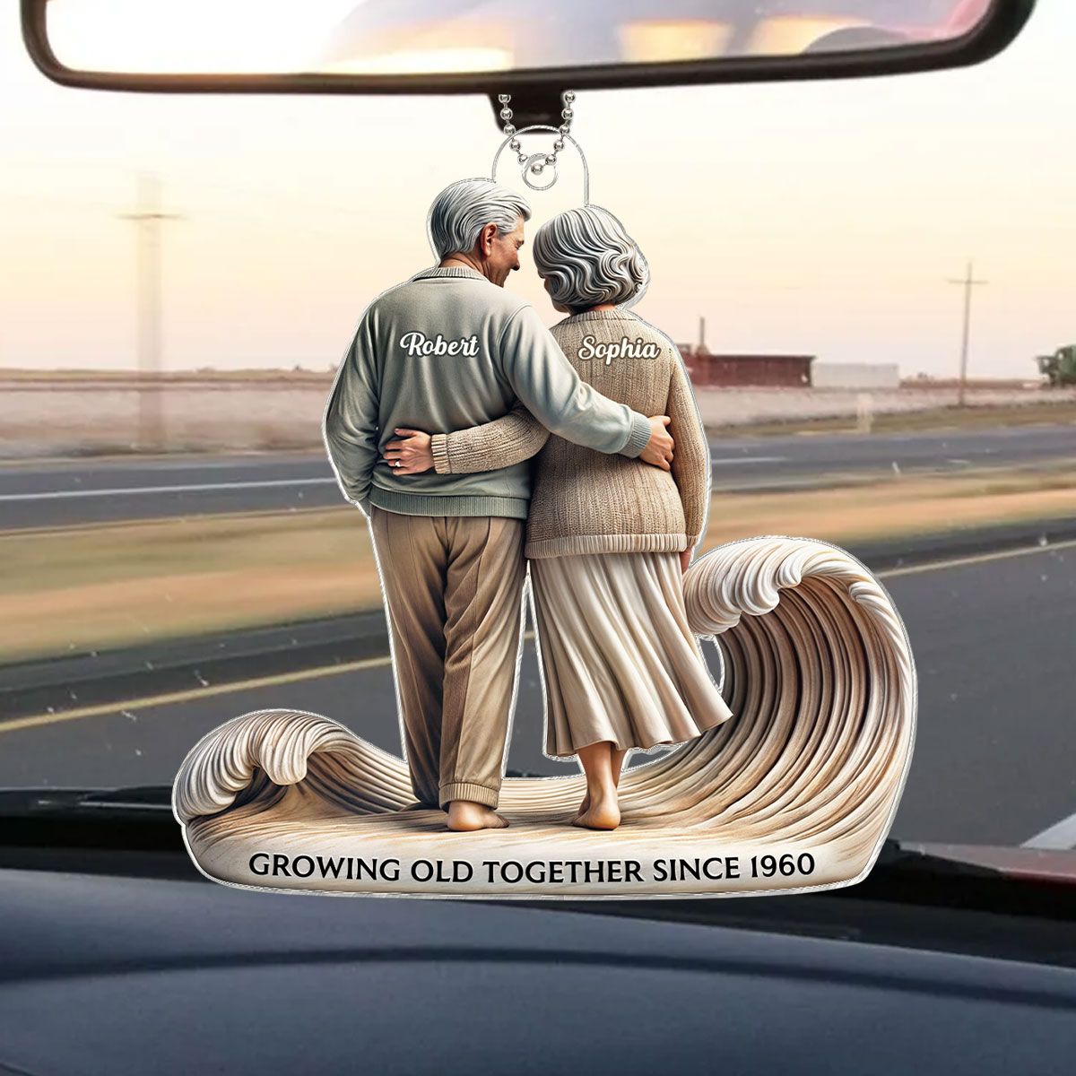 Old Couple Embracing Walking Together On The Beach Personalized Car Hanger Ornament, Heartfelt Gift For Couple, For Him, For Her, Husband, Wife