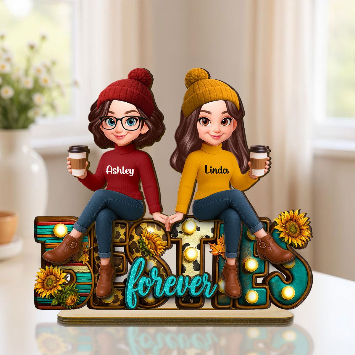 Western Fall Vibe Besties Sitting Personalized Standing Wooden Plaque, Fall Gift for Best Friends