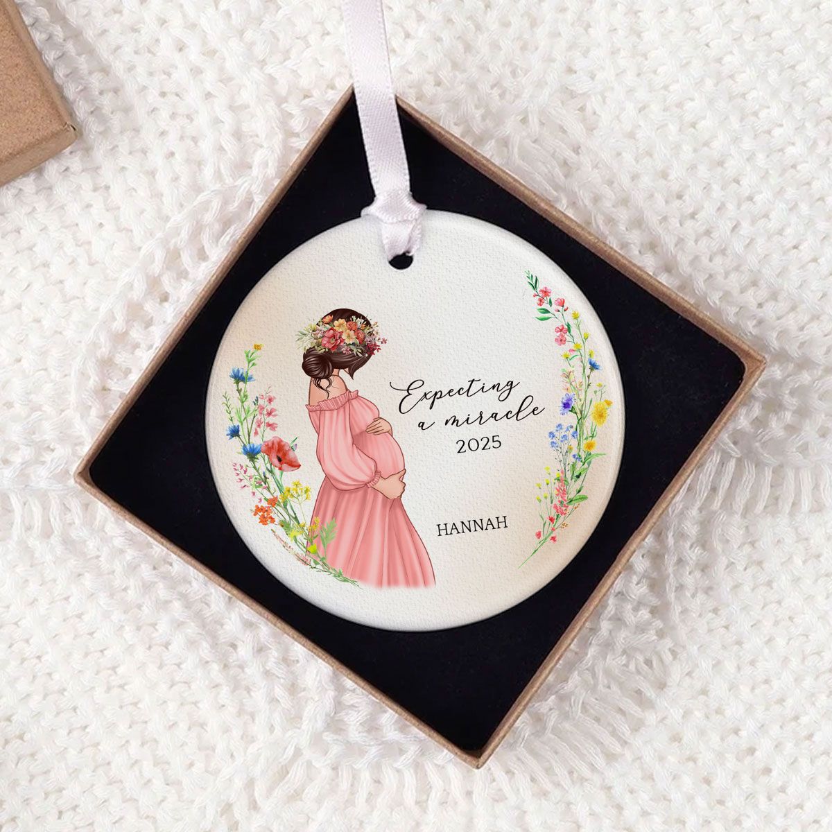 Pregnant Mom Watercolor Wildflowers, Baby Bump's First Christmas, Pregnancy Announcement Personalized Circle Ceramic Ornament