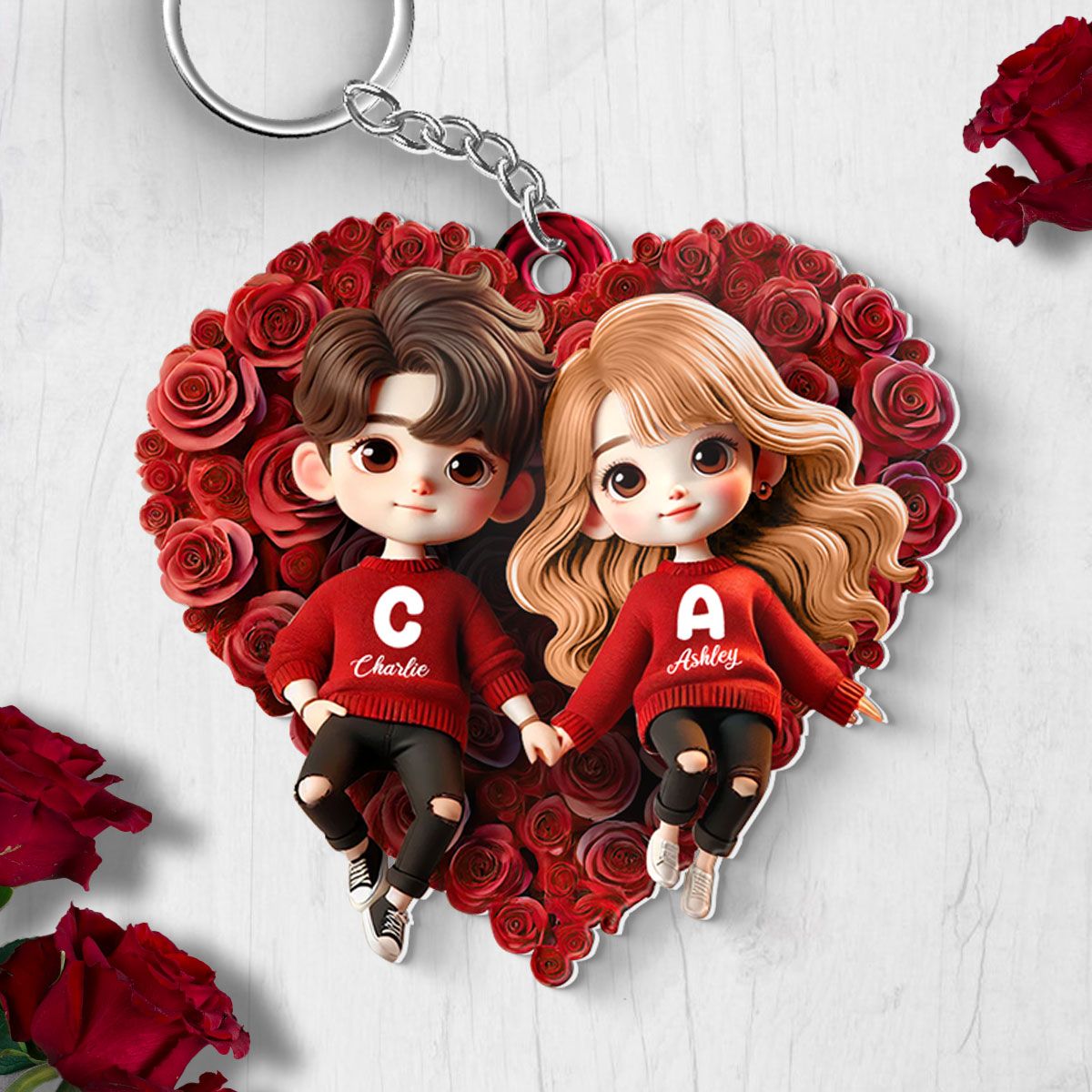 Cute Couple Lying On Rose Heart Personalized Acrylic Keychain, Gift for him, Gift for her