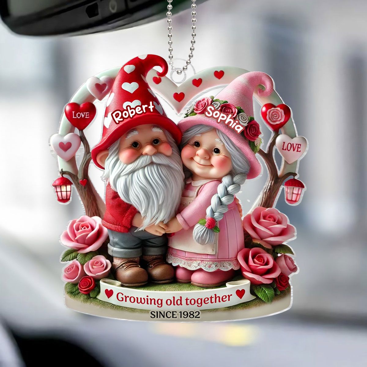 Gnome 3D Effect Old Couple Valentine's Day Gift for him, Gift for her, Personalized Acrylic Car Hanger