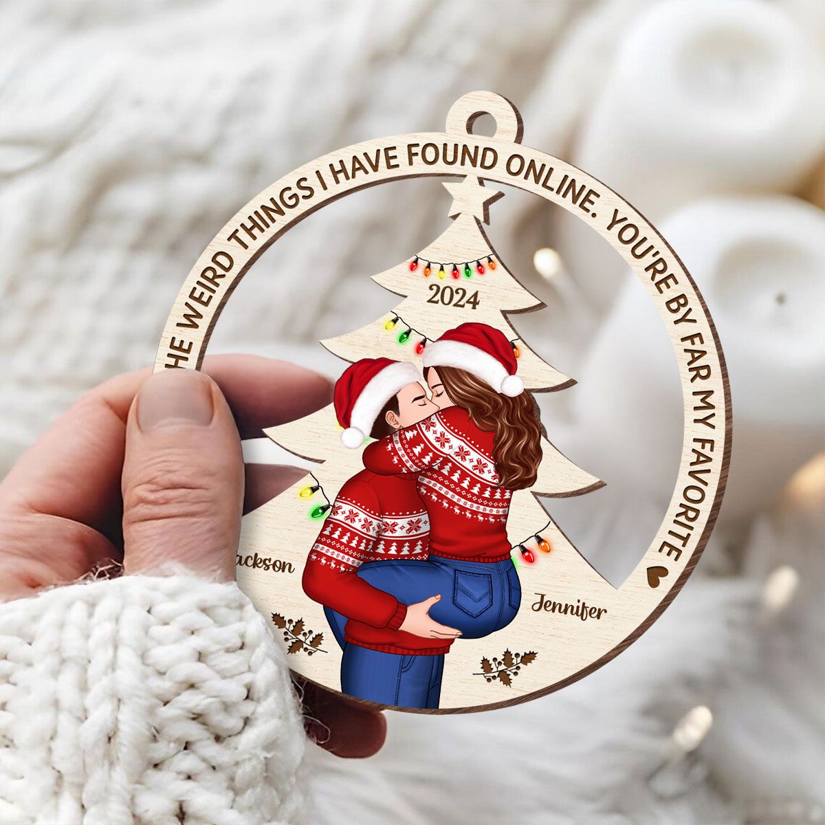 Couple Kissing Christmas Tree Personalized Wooden Ornament, Christmas Gift for Him for Her