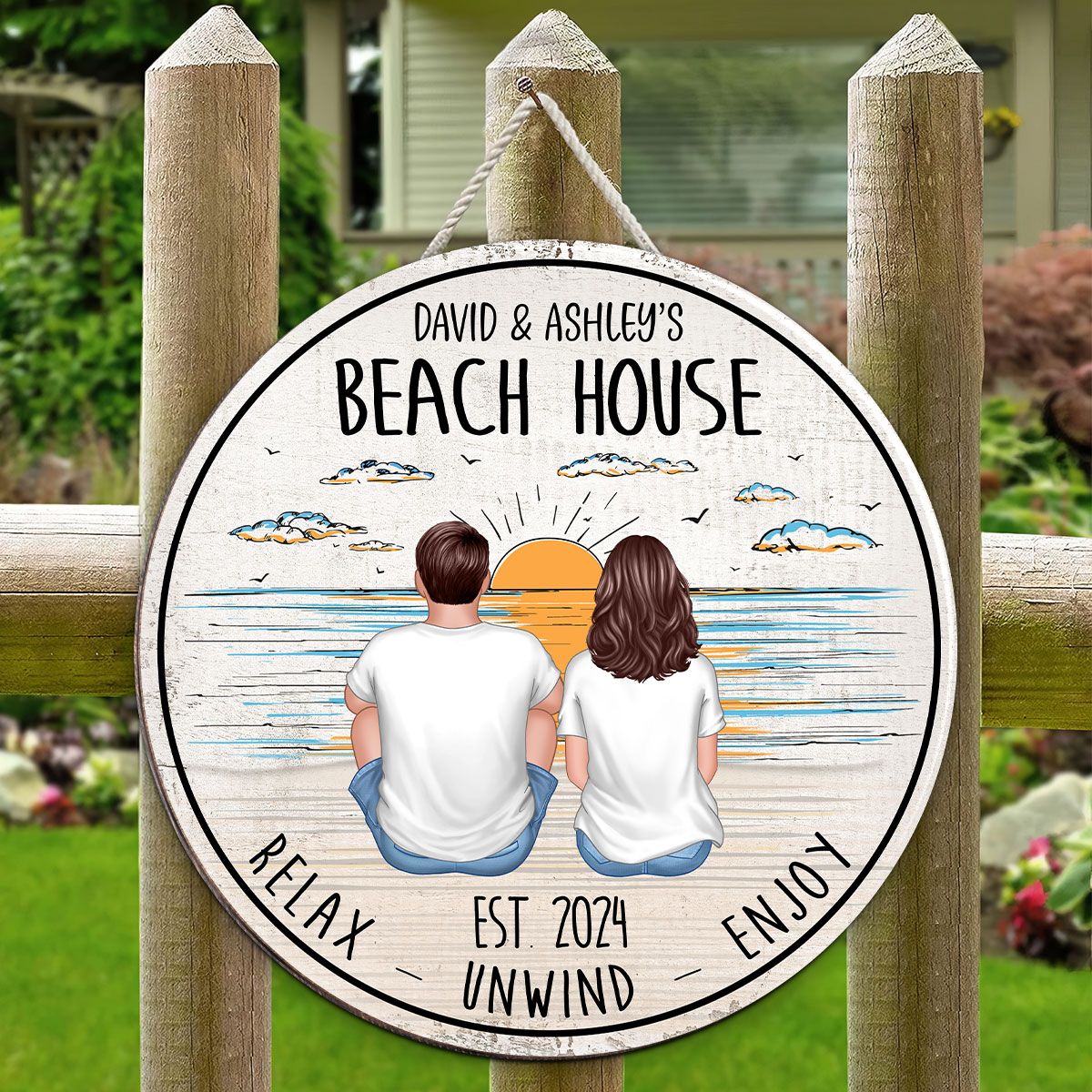 Couple Back View Beach Outline Background Personalized Wood Sign