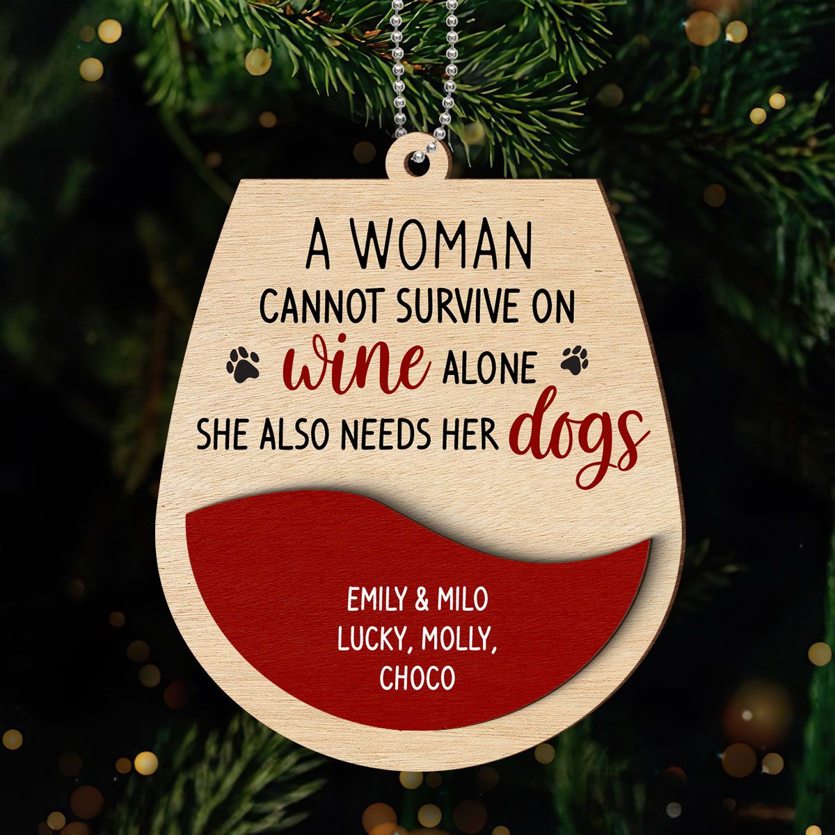 Woman Loves Wine and Dogs Personalized 2-Layered Wooden Ornament, Christmas Gift for Dog Moms