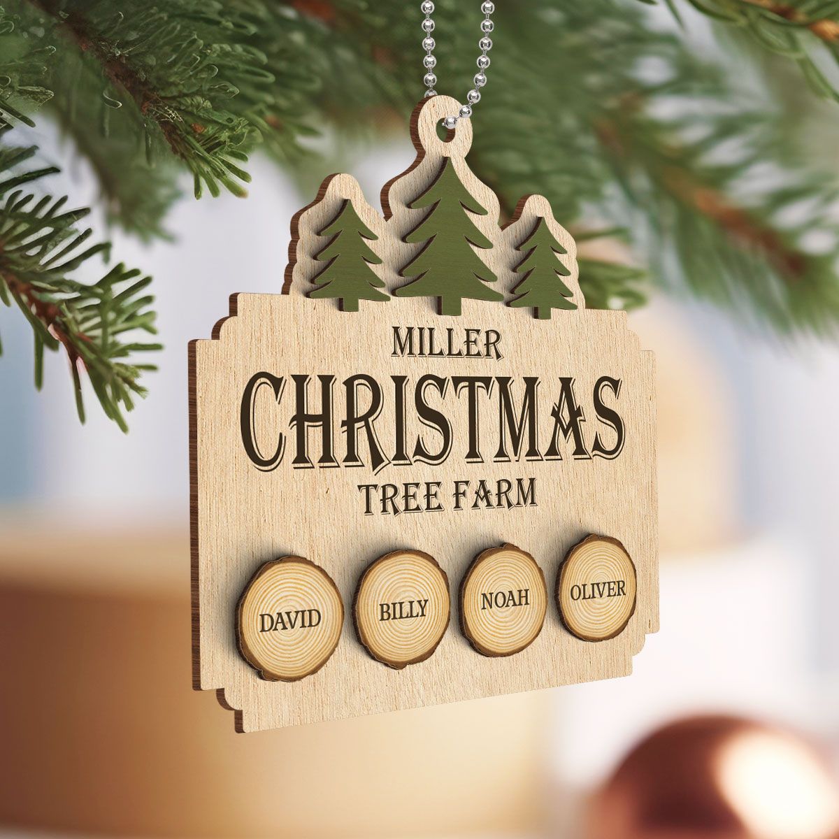 Christmas Tree Farm Family Wood Slice Personalized 2-Layer Wooden Ornament