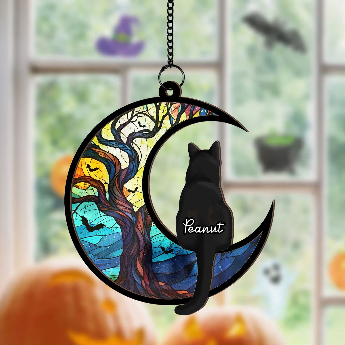 Cats On Moon Personalized Window Hanging Suncatcher, Halloween Decor For Cat Lovers