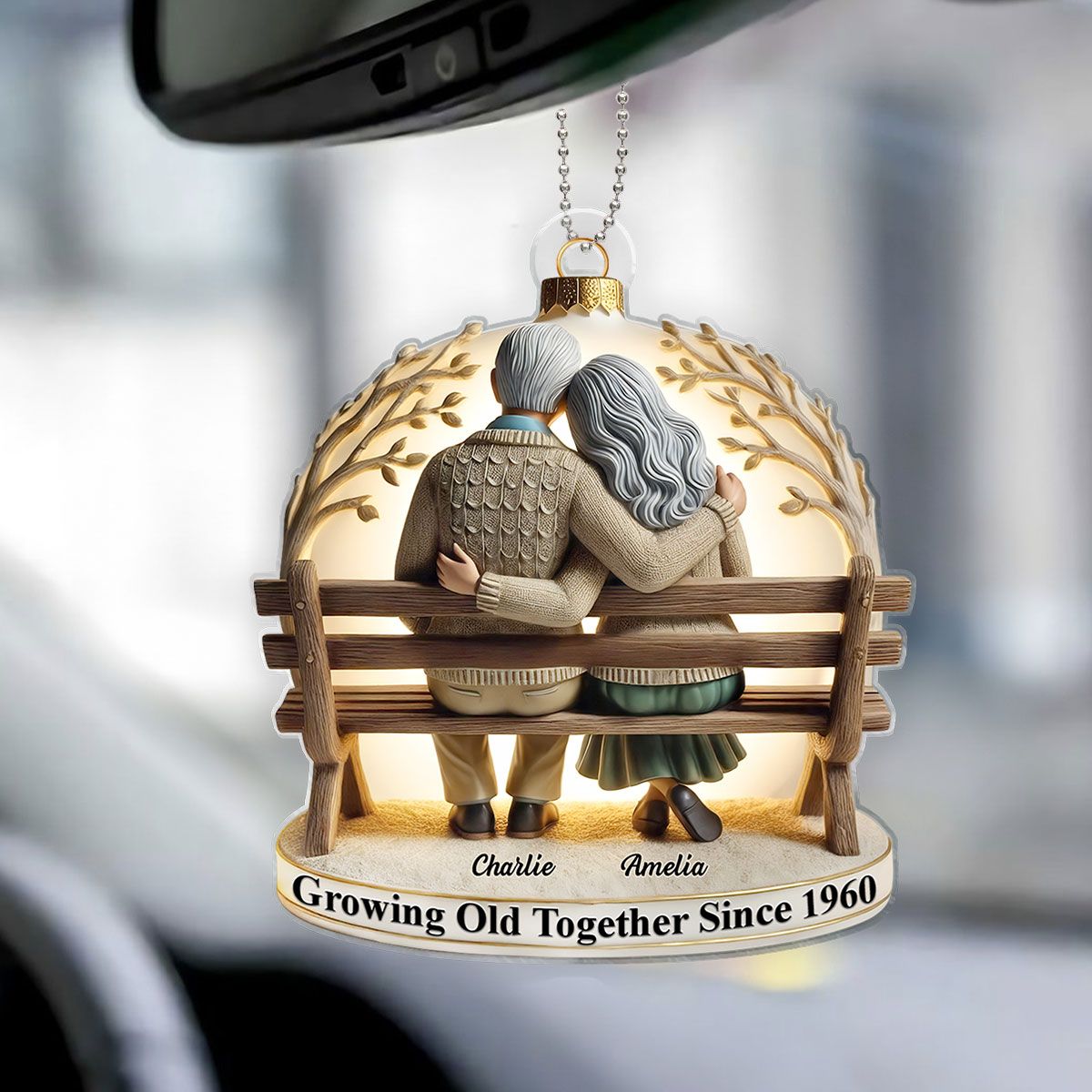 Old Couple Sitting On Bench Together Personalized Car Hanger Ornament, Heartfelt Gift For Couple, For Him, For Her, Husband, Wife