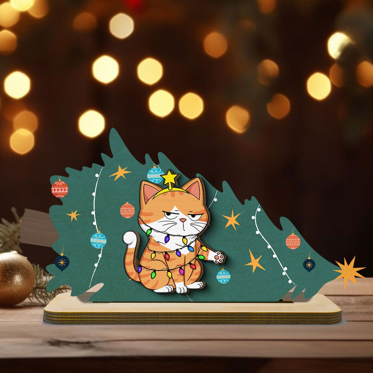 Naughty Cats Fallen Christmas Tree Personalized 2-Layer Standing Wooden Plaque