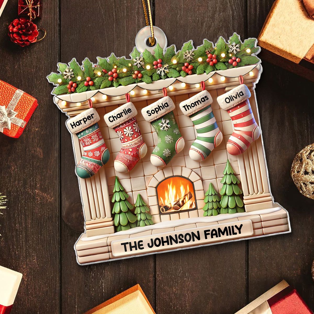 Realistic Family Christmas Stockings On Mantel Effect Personalized Acrylic Ornament