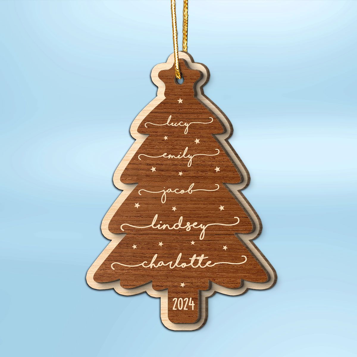 Beautiful Christmas Tree With Family Members Names Personalized 2-Layer Wooden Ornament