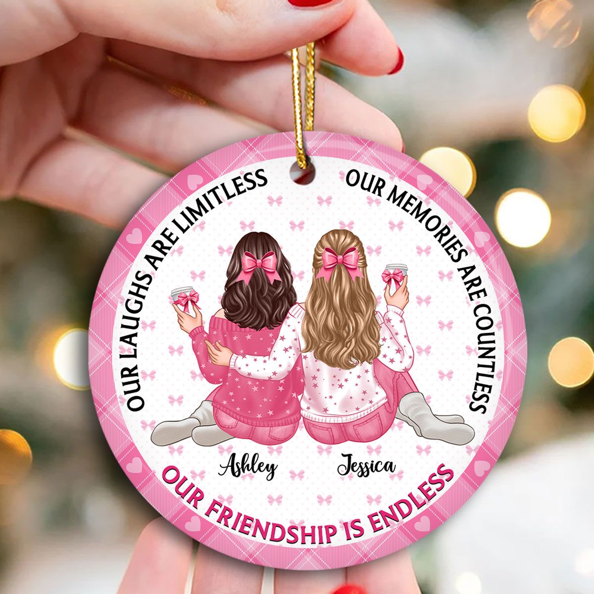 Our Friendship Is Endless Besties Back View Coquette Theme Personalized Ceramic Ornament