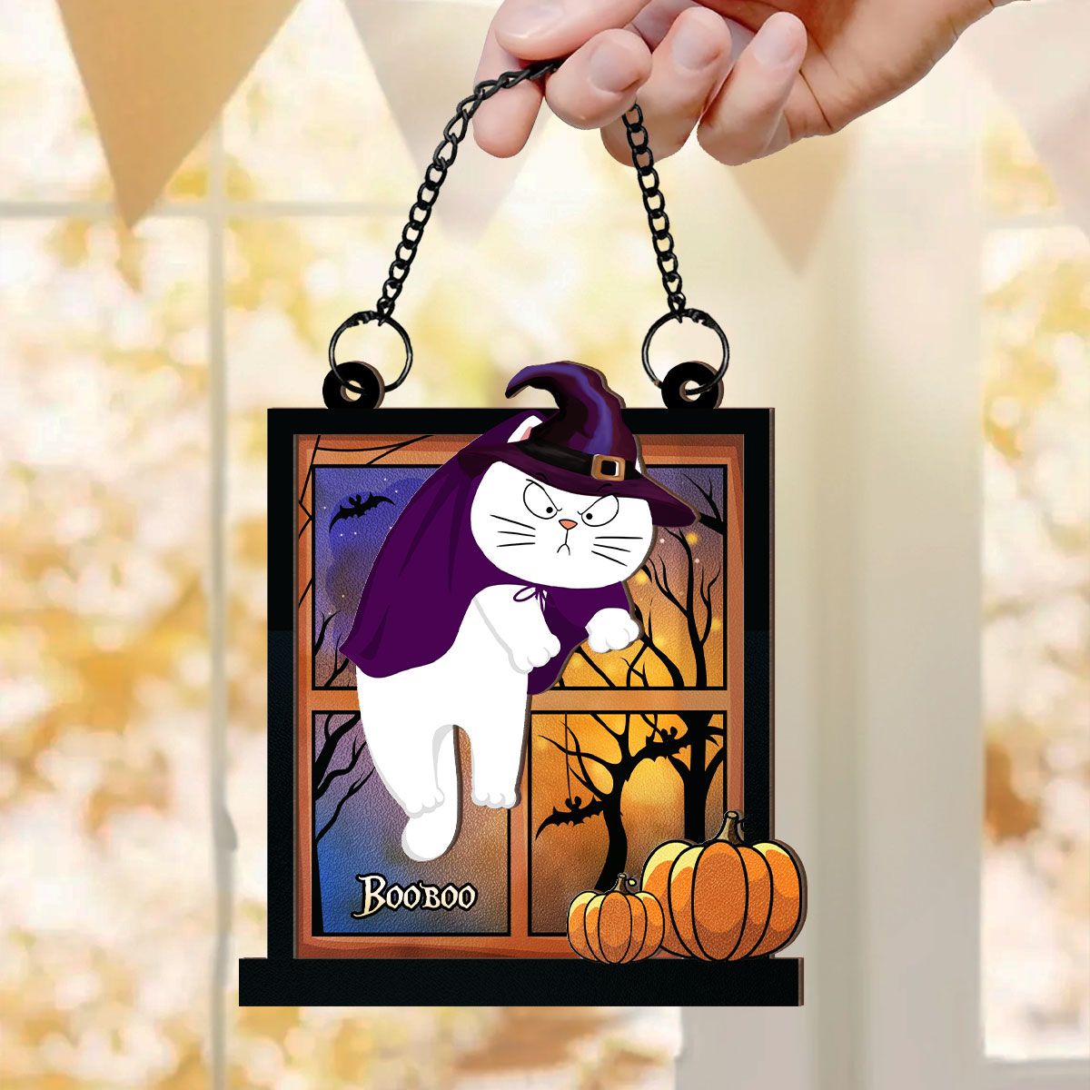 Halloween Cats Hanging On Window Personalized Suncatcher, Halloween Decor