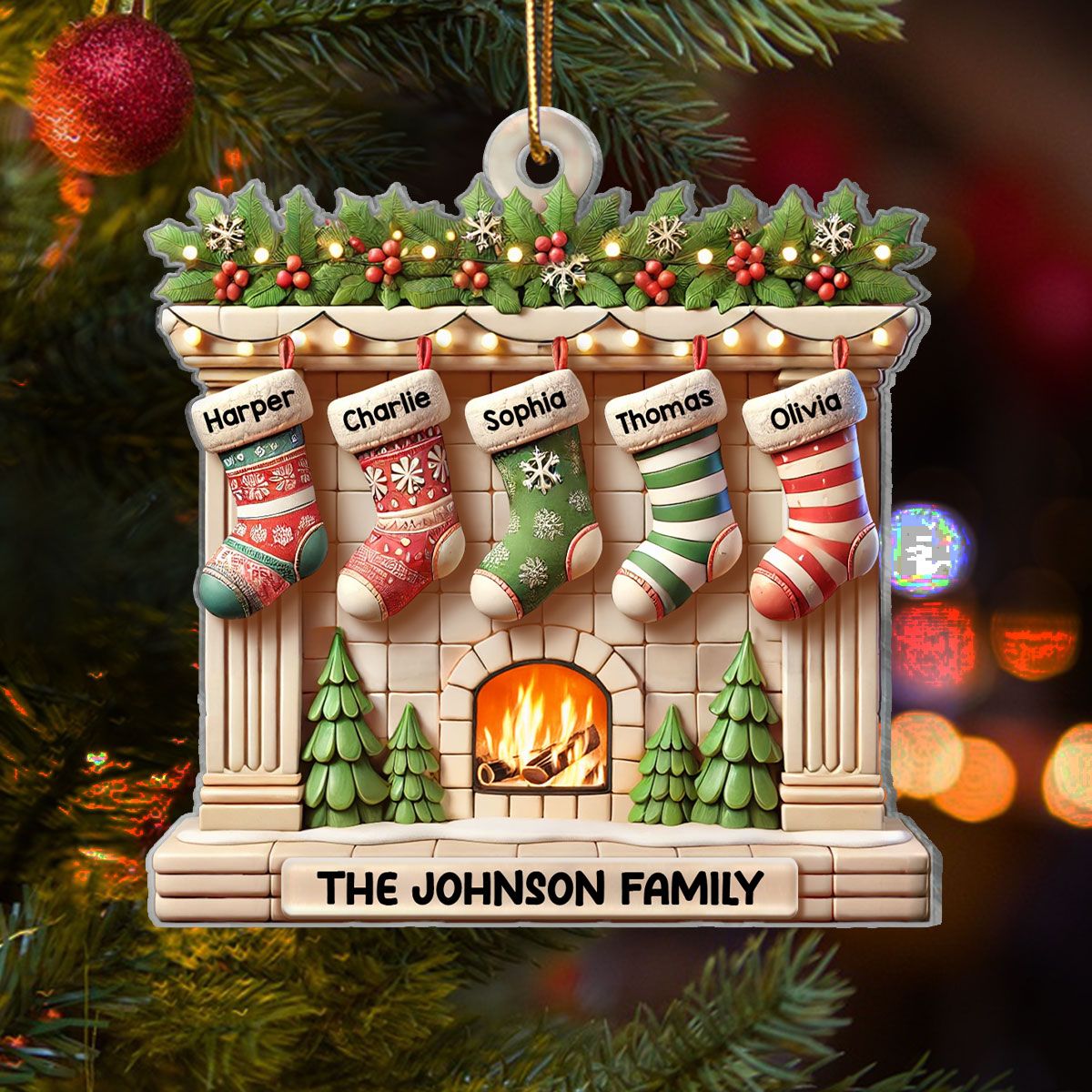 Realistic Family Christmas Stockings On Mantel Effect Personalized Acrylic Ornament