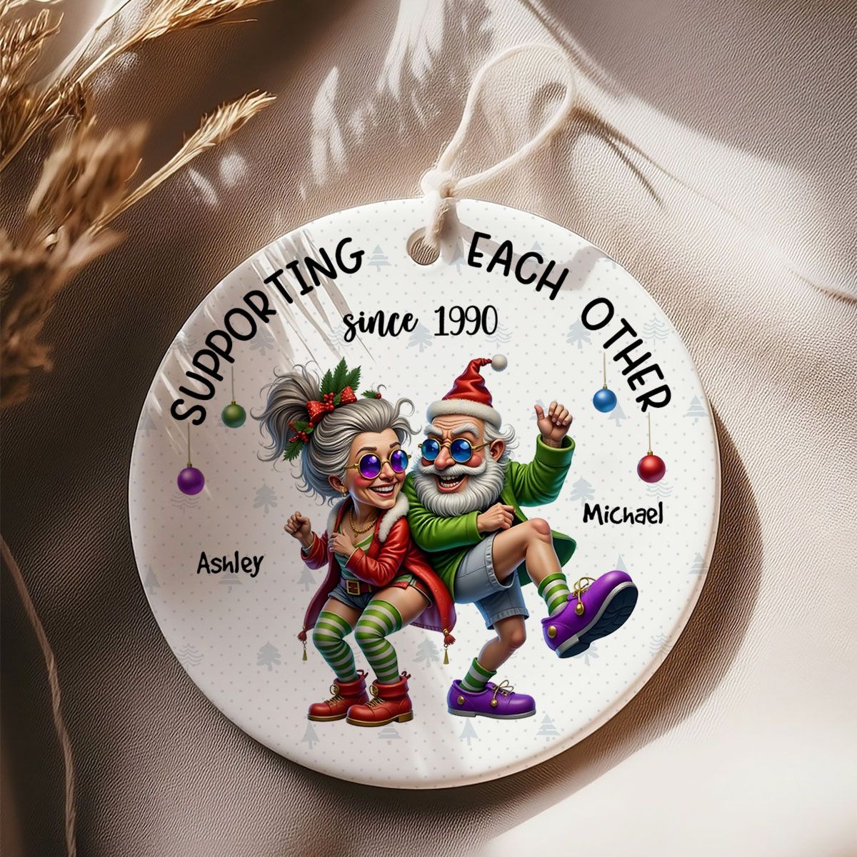 Funny Elderly Couple Christmas Party Whimsical Holiday Personalized Ceramic Ornament