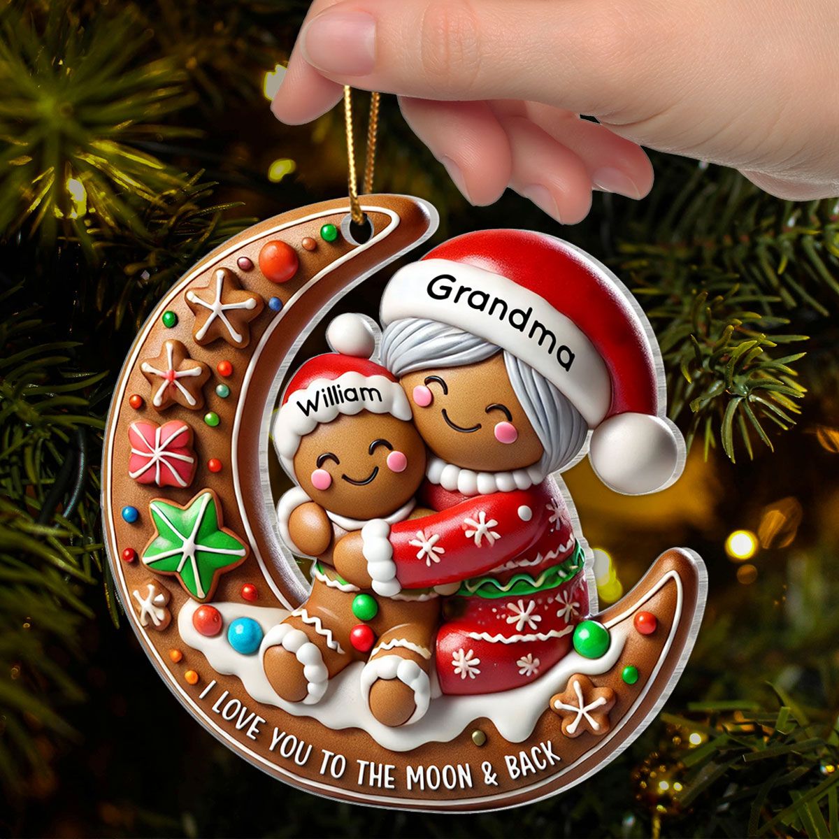 Gingerbread Grandma Hugging Grandkid On Moon Christmas Personalized Acrylic Ornament, Meaningful Gift For Granddaughter, Grandson