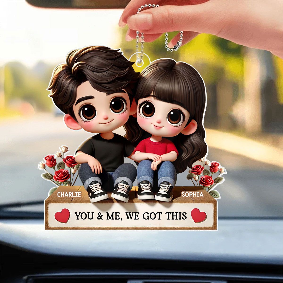 Cartoon Couple Sitting Next To Each Other Personalized Acrylic Car Hanger, Anniversary Valentine's Day Gift for him, Gift for her