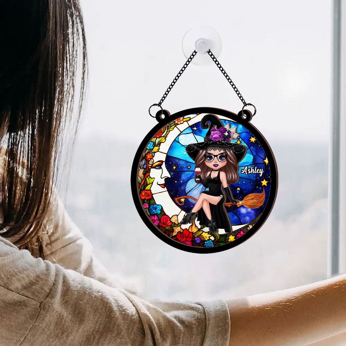 Witch And Moon Personalized Suncatcher, Window Hangings, Halloween Decor, Gift For Witch Lovers