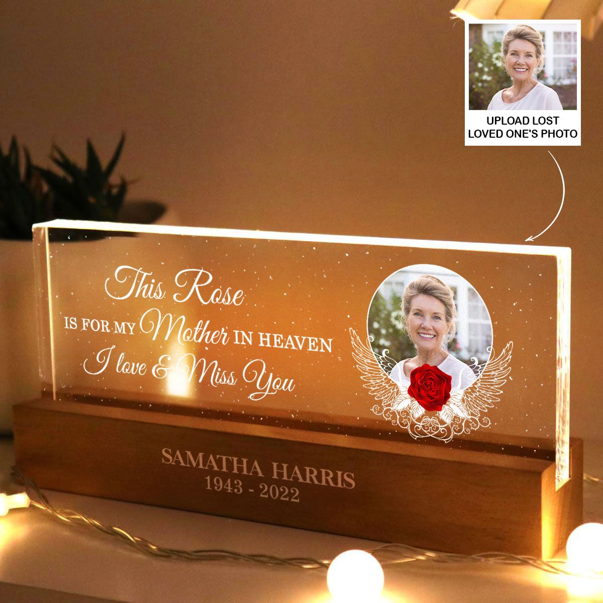 This Rose Is For My Mother In Heaven Personalized Acrylic LED Night Light, Heartfelt Memorial Keepsake