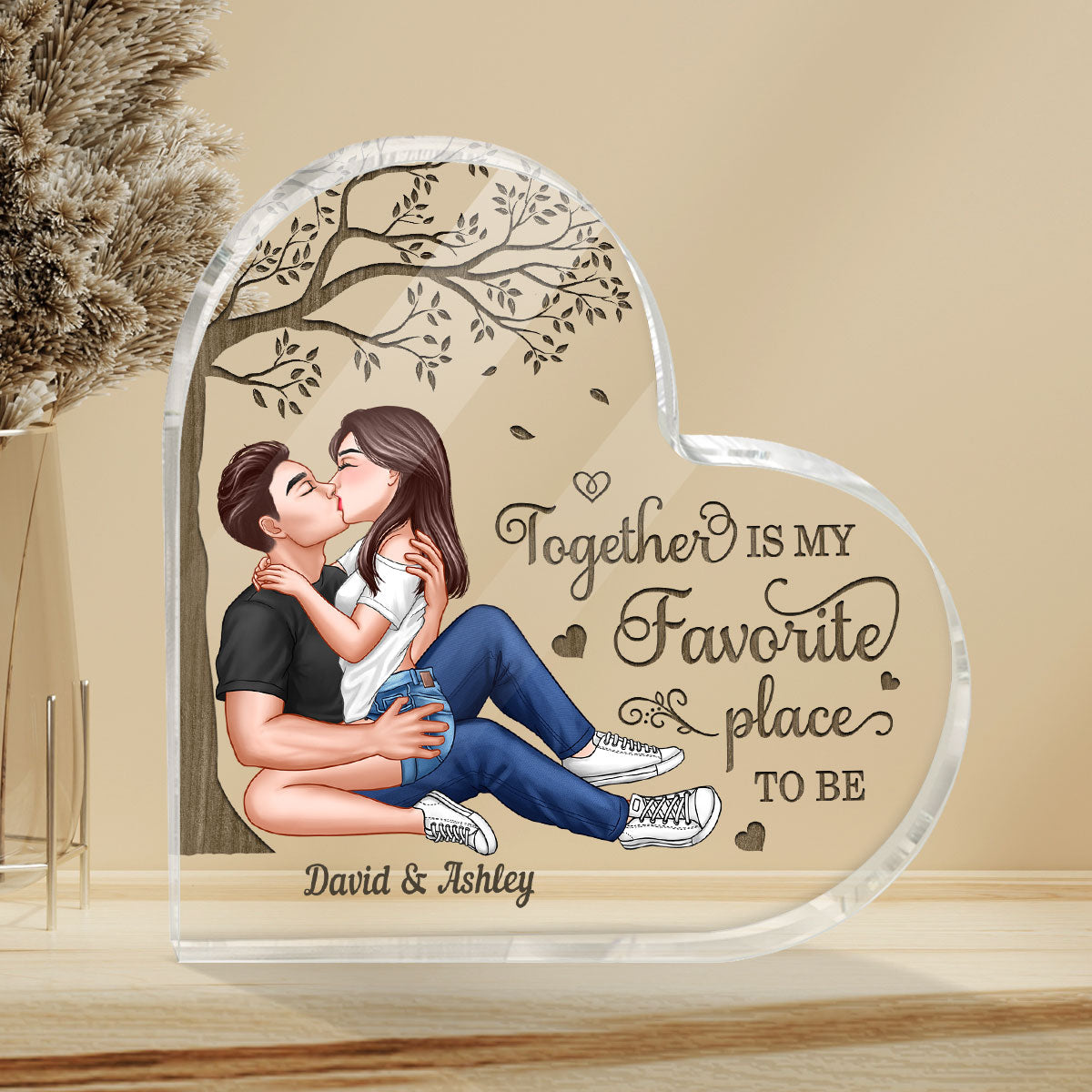 Sexy Couple Kissing Under Wooden Tree Personalized Acrylic Heart Plaque