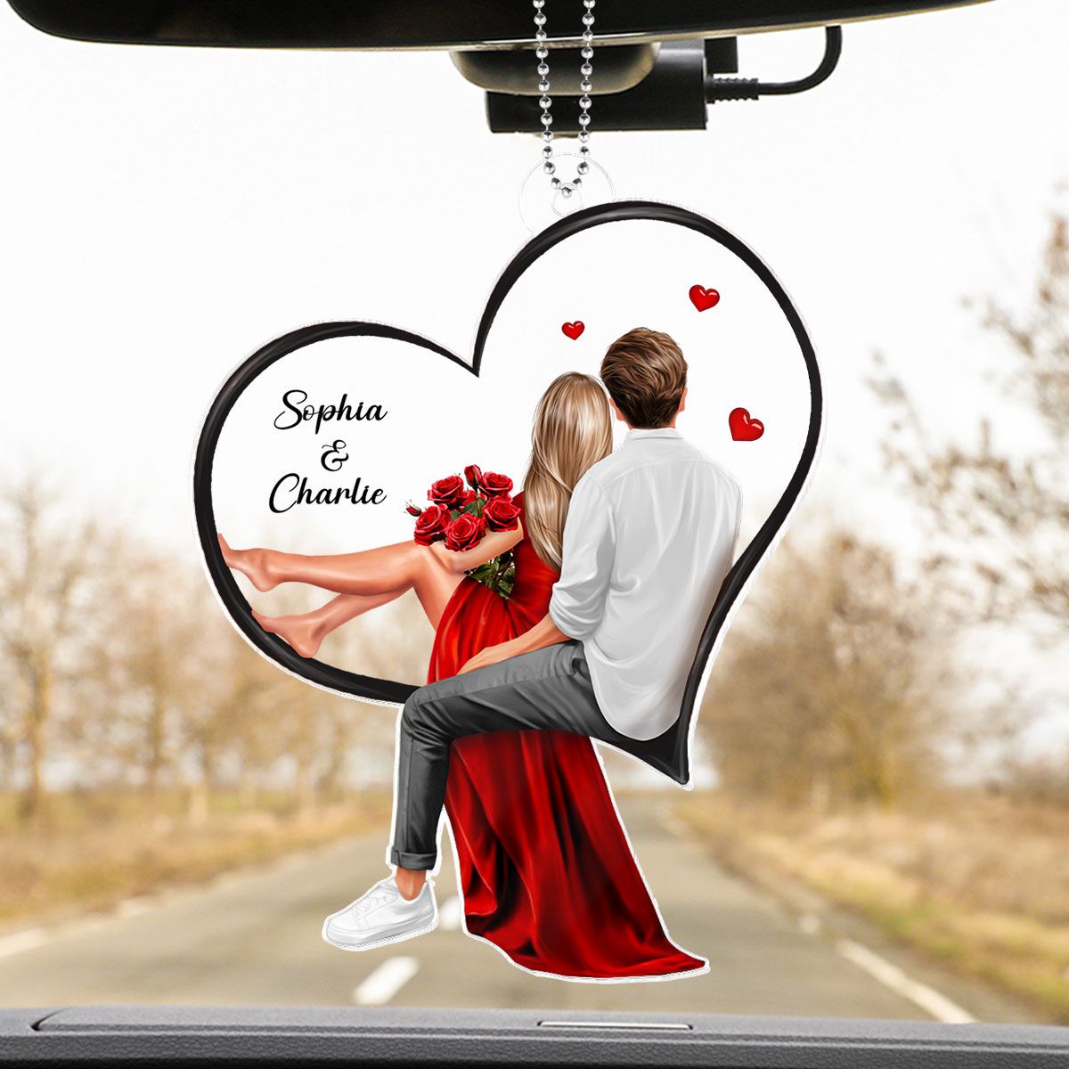 Couple Sitting On Heart Personalized Acrylic Car Hanger, Valentine's Day Gift, Anniversary Gift for Couples