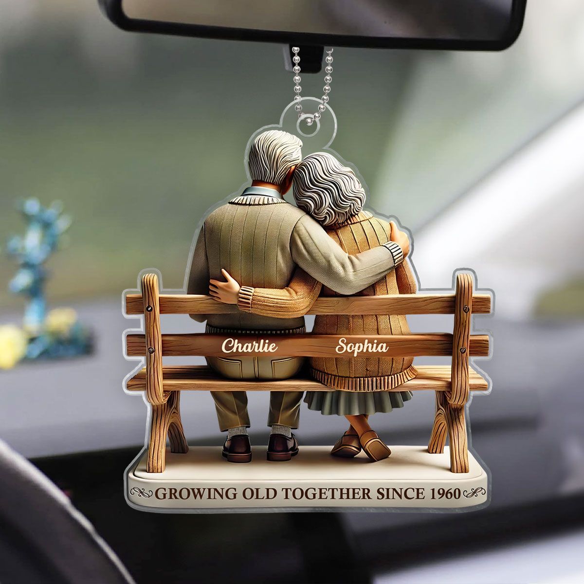 Old Couple Sitting On Bench Growing Old Together Since Personalized Car Hanger Ornament, Heartfelt Gift For Couple, For Him, For Her, Husband, Wife