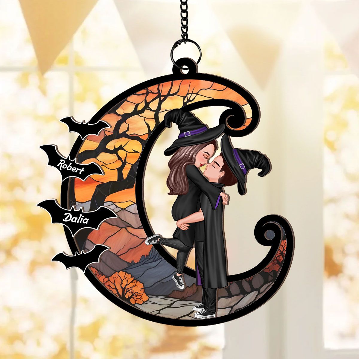 Halloween Couple Hugging Kissing On Moon Personalized Suncatcher, Halloween Decor