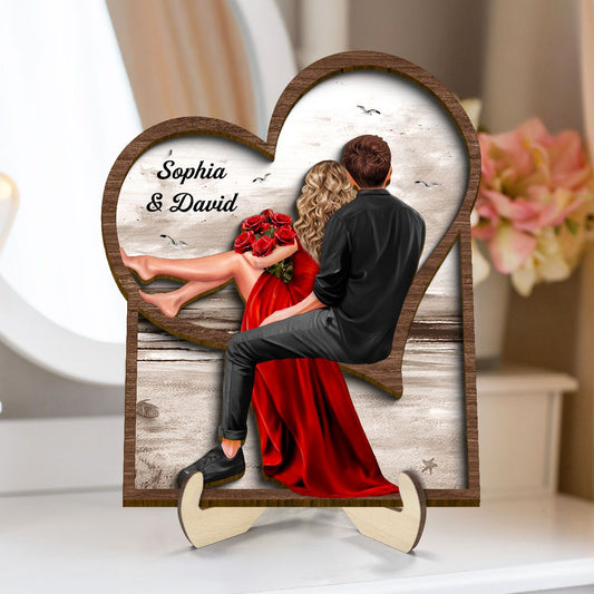 Landscape Heart Couple Sitting Back View 2-Layer Wooden Plaque, Heartfelt 2025 Personalized Couple Gift For Valentine's Day, For Her, For Him