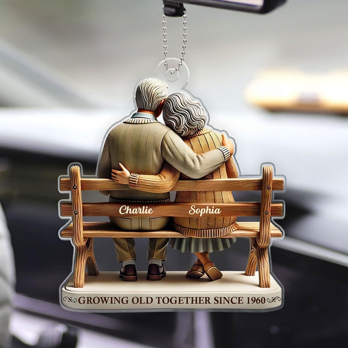 Old Couple Sitting On Bench Growing Old Together Since Personalized Car Hanger Ornament, Heartfelt Gift For Couple, For Him, For Her, Husband, Wife