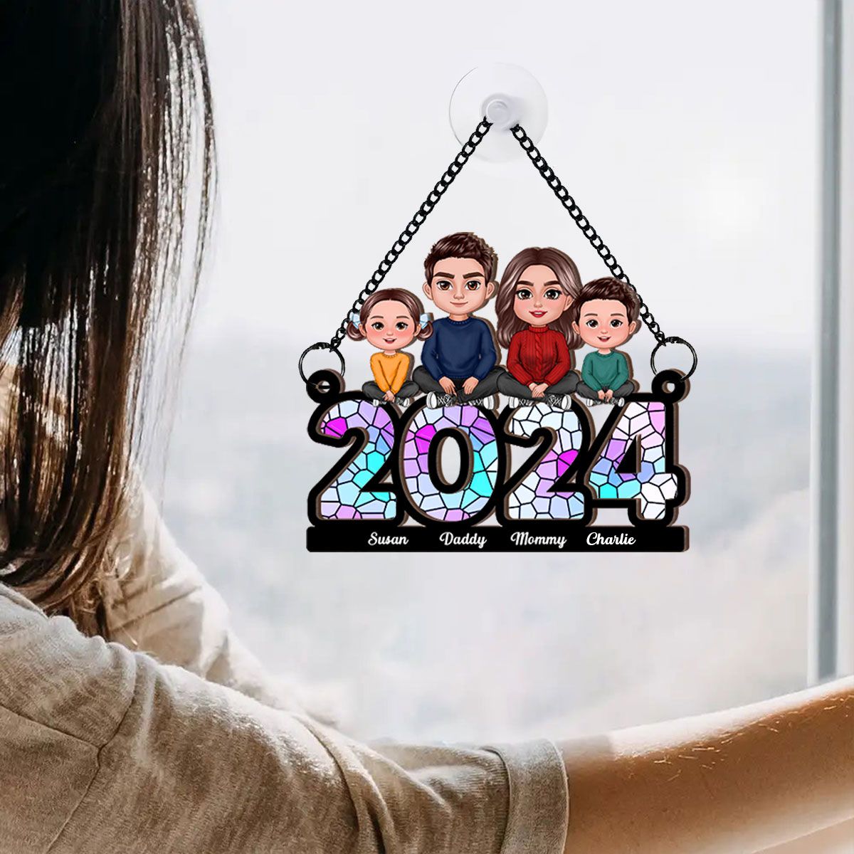 Family Sitting 2024 Personalized Window Hanging Suncatcher Ornament, Christmas Decor