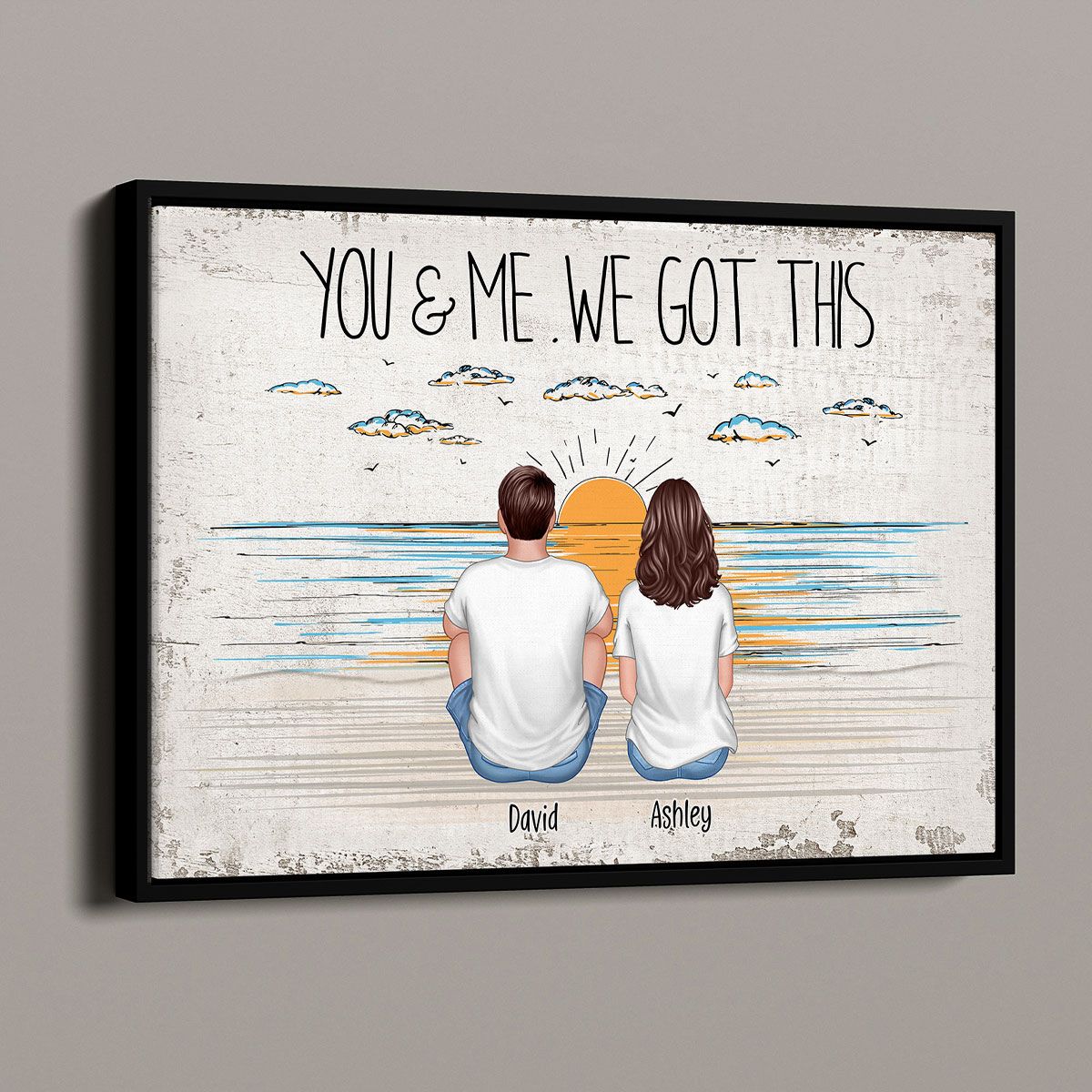 Couple Back View Beach Outline Background Personalized Poster