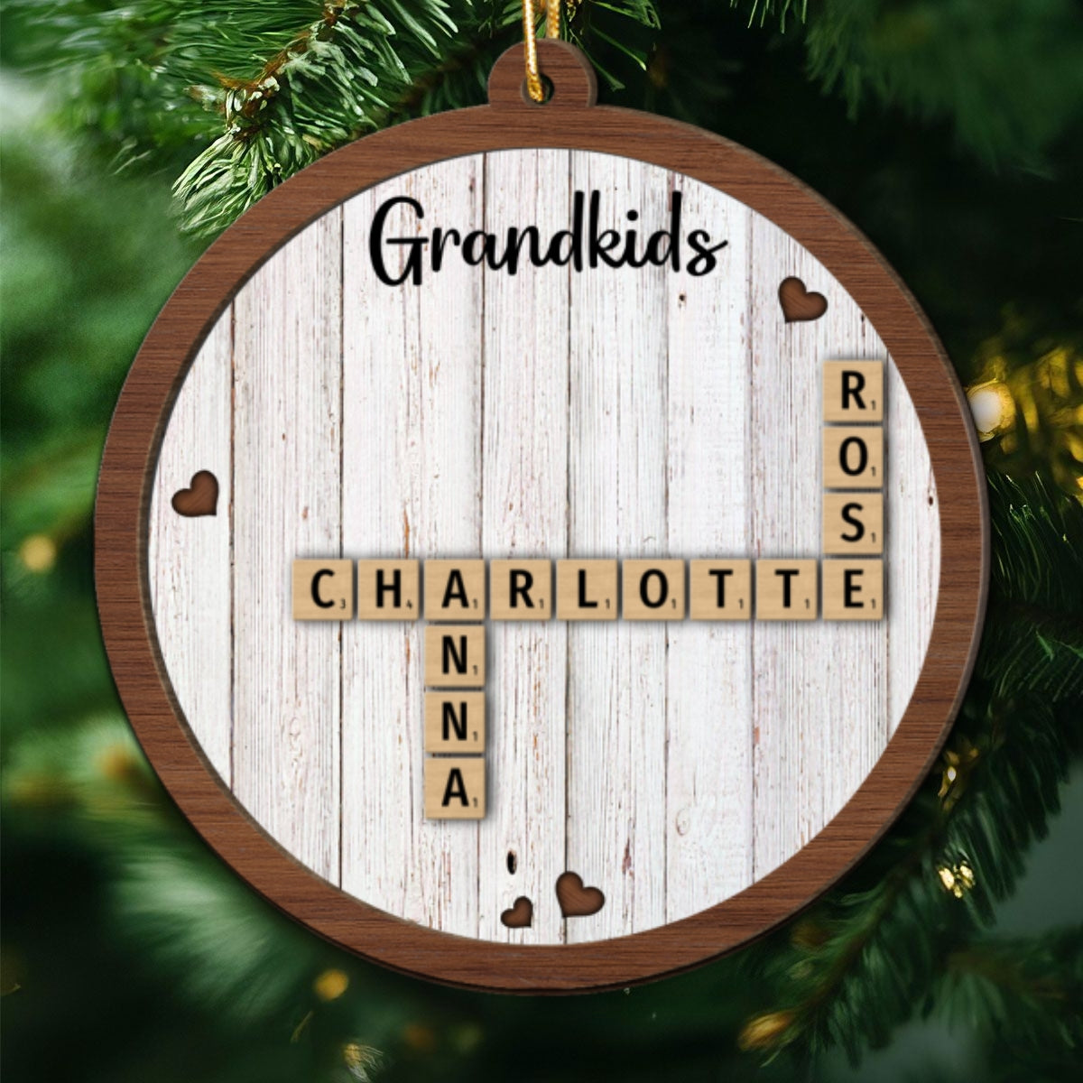 Grandkids Crossword Puzzle Art Personalized 2-Layer Wooden Ornament, Christmas Gift For Grandma, Gift For Mom