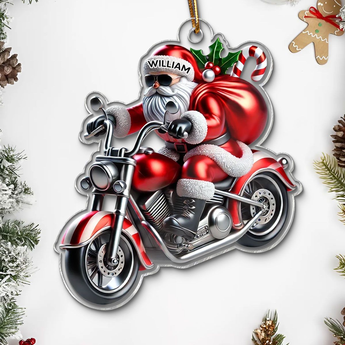 Santa Claus Riding Motorbike Christmas Personalized Acrylic Ornament, Motorcycle, Motocross, Bikers Christmas Gift