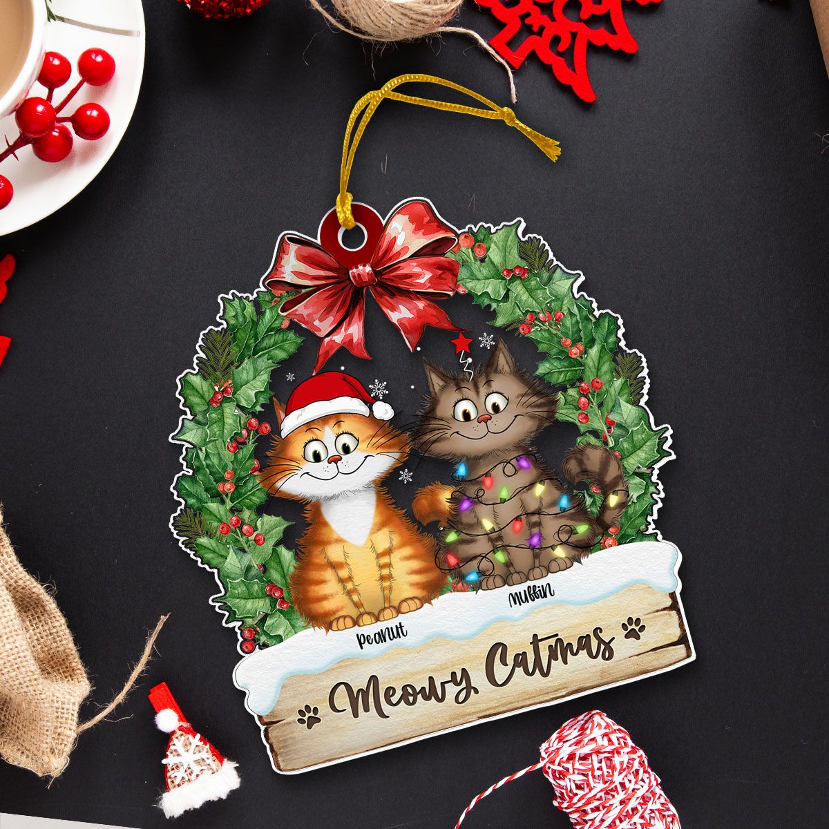 Christmas Wreath Quirky Christmas Cat Whimsical Funny Silly Cats Personalized Acrylic Ornament