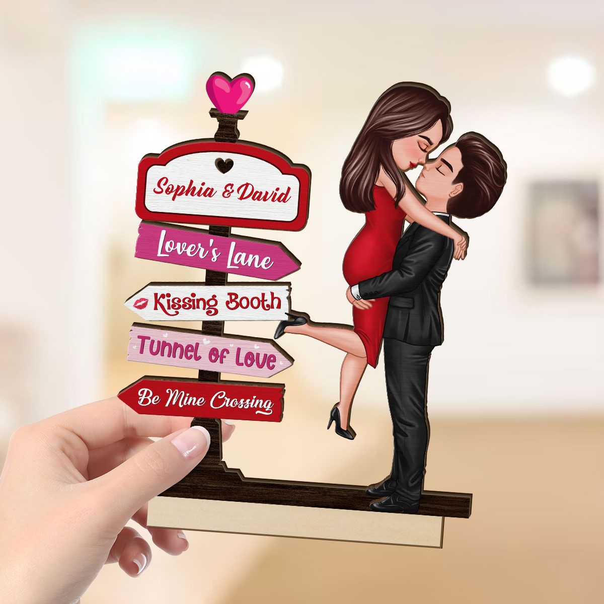 Couple Hugging Kissing Directional Sign Valentine's Day Home Decor Personalized 2-Layer Standing Wooden Plaque