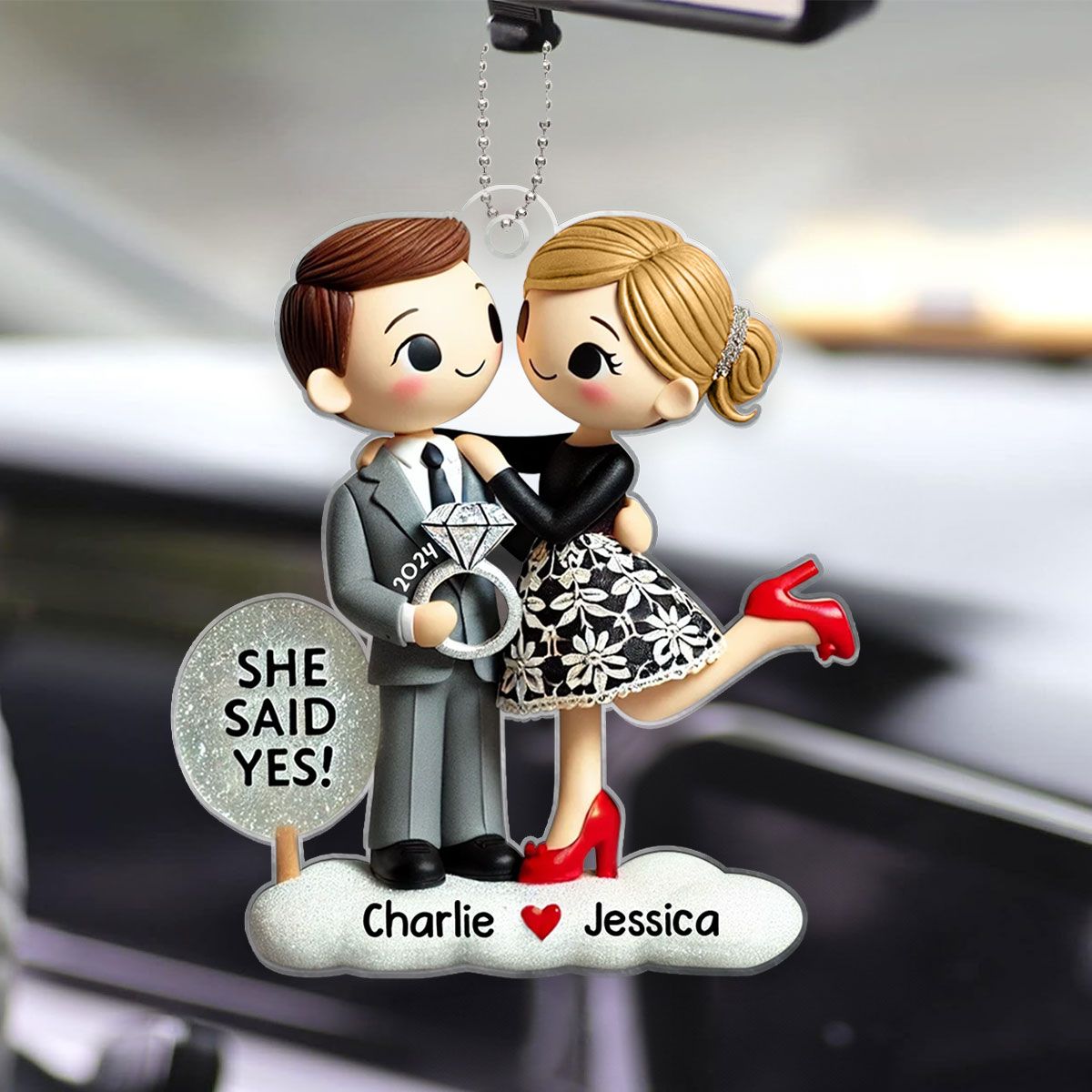 Couple Engagement Ornament She Said Yes, Personalized Acrylic Car Hanger Ornament, Valentine's Day Gift for him, Gift for her