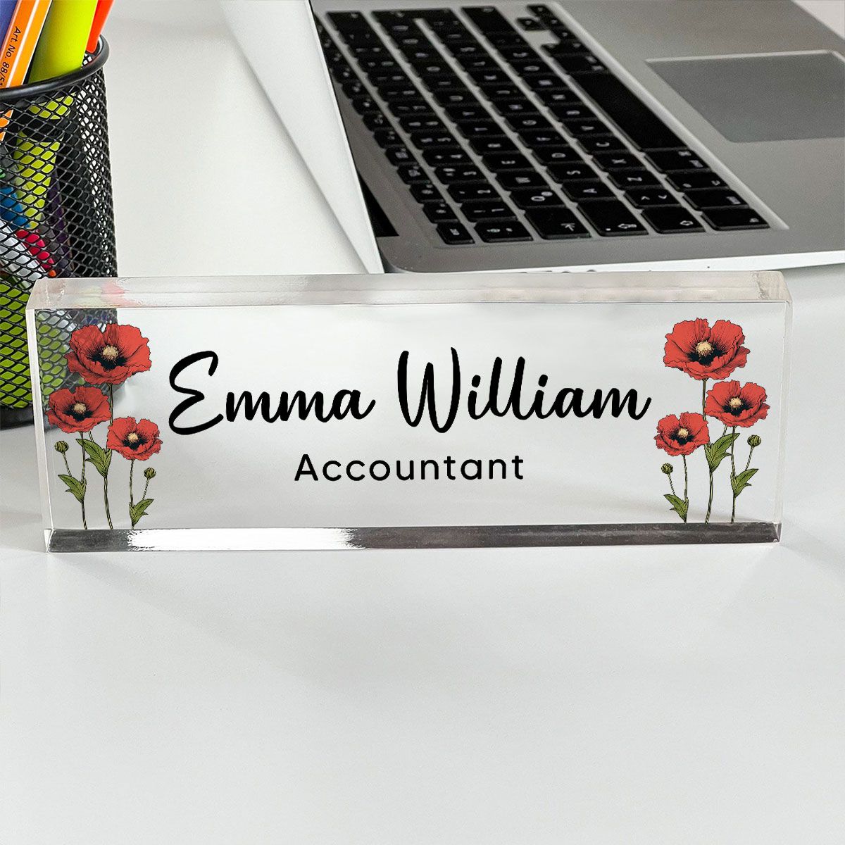 Birth Month Flowers Personalized Acrylic Desk Name Plate, Office Decor, Gift For Colleagues, Boss