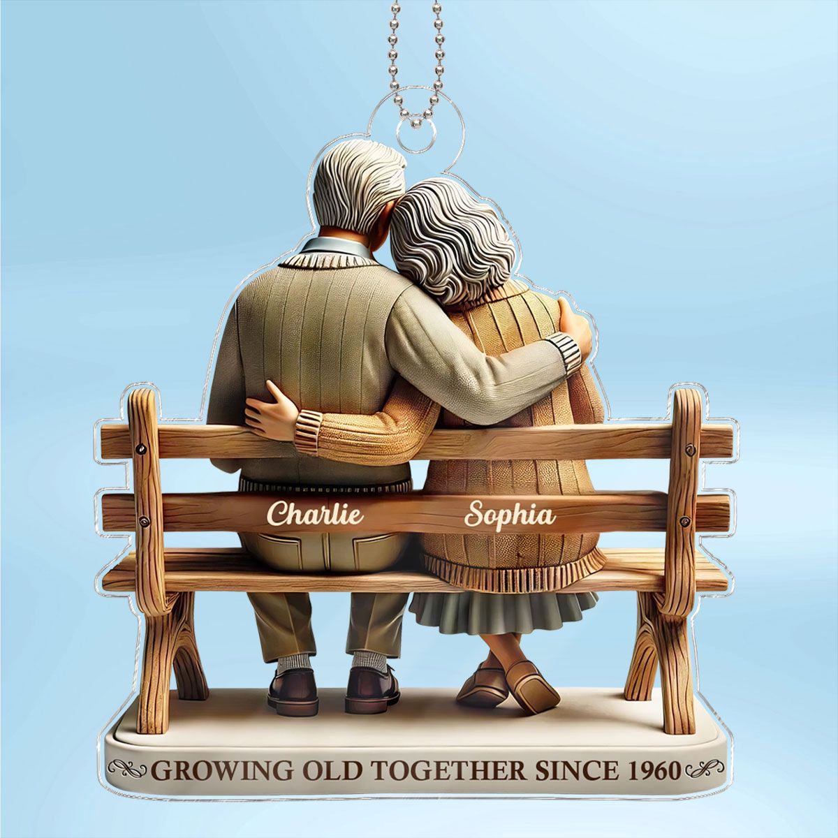 Old Couple Sitting On Bench Growing Old Together Since Personalized Car Hanger Ornament, Heartfelt Gift For Couple, For Him, For Her, Husband, Wife