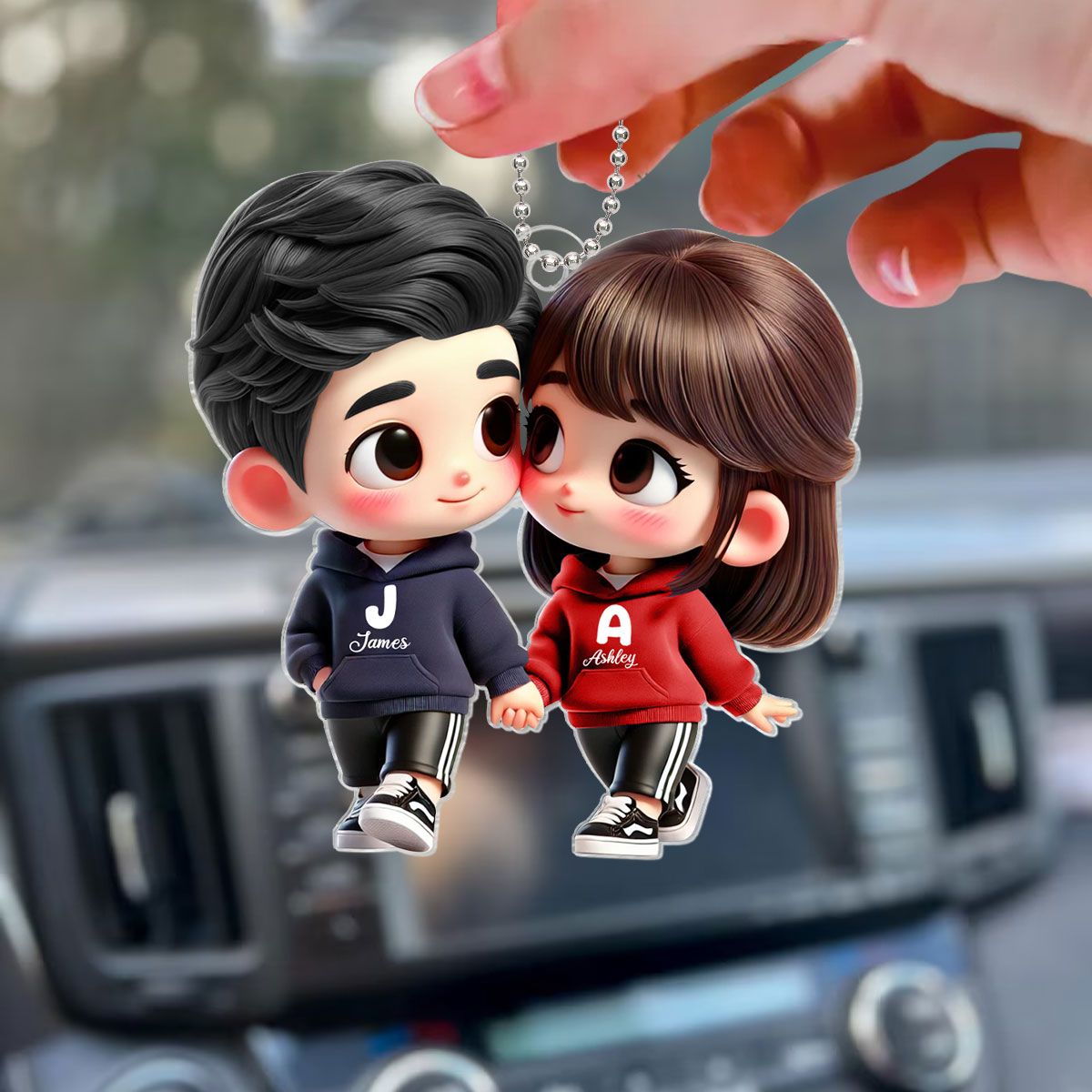 Cute Cartoon Couple Holding Hands Personalized Acrylic Car Hanger, Anniversary & Valentine's Day Gift for him, Gift for her