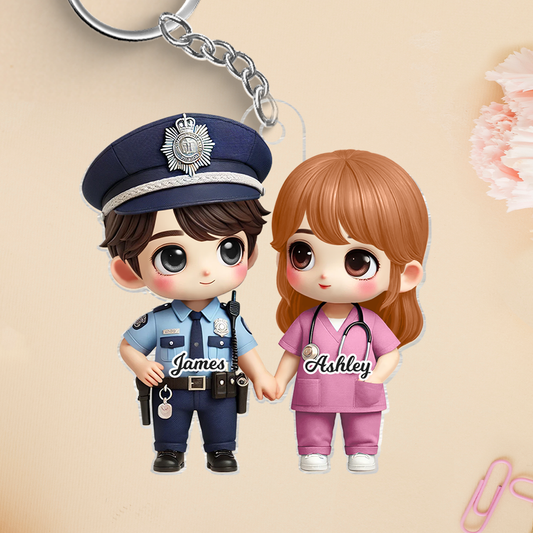 Cute Cartoon Couple Gift by Occupation Gift For Her Gift For Him Personalized Acrylic Keychain, Anniversary Gift For Couple