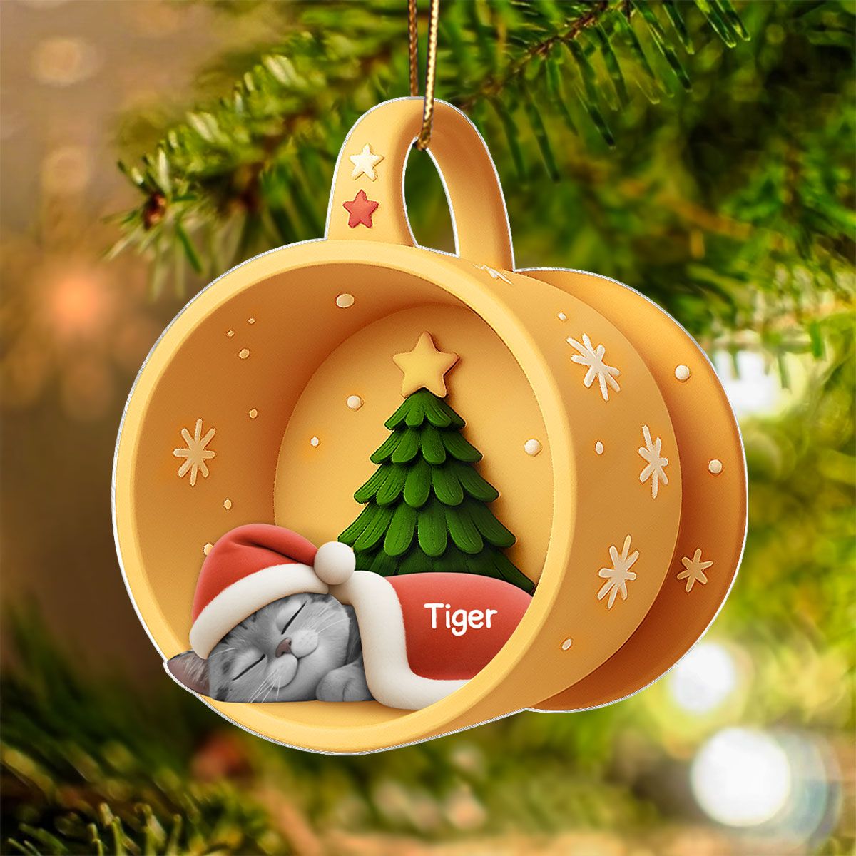 Christmas Sleeping Cats In Cozy Mug 3D Effect Personalized Acrylic Ornament