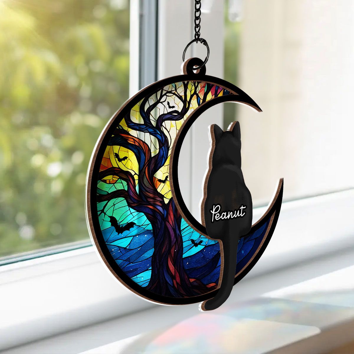 Cats On Moon Personalized Window Hanging Suncatcher, Halloween Decor For Cat Lovers