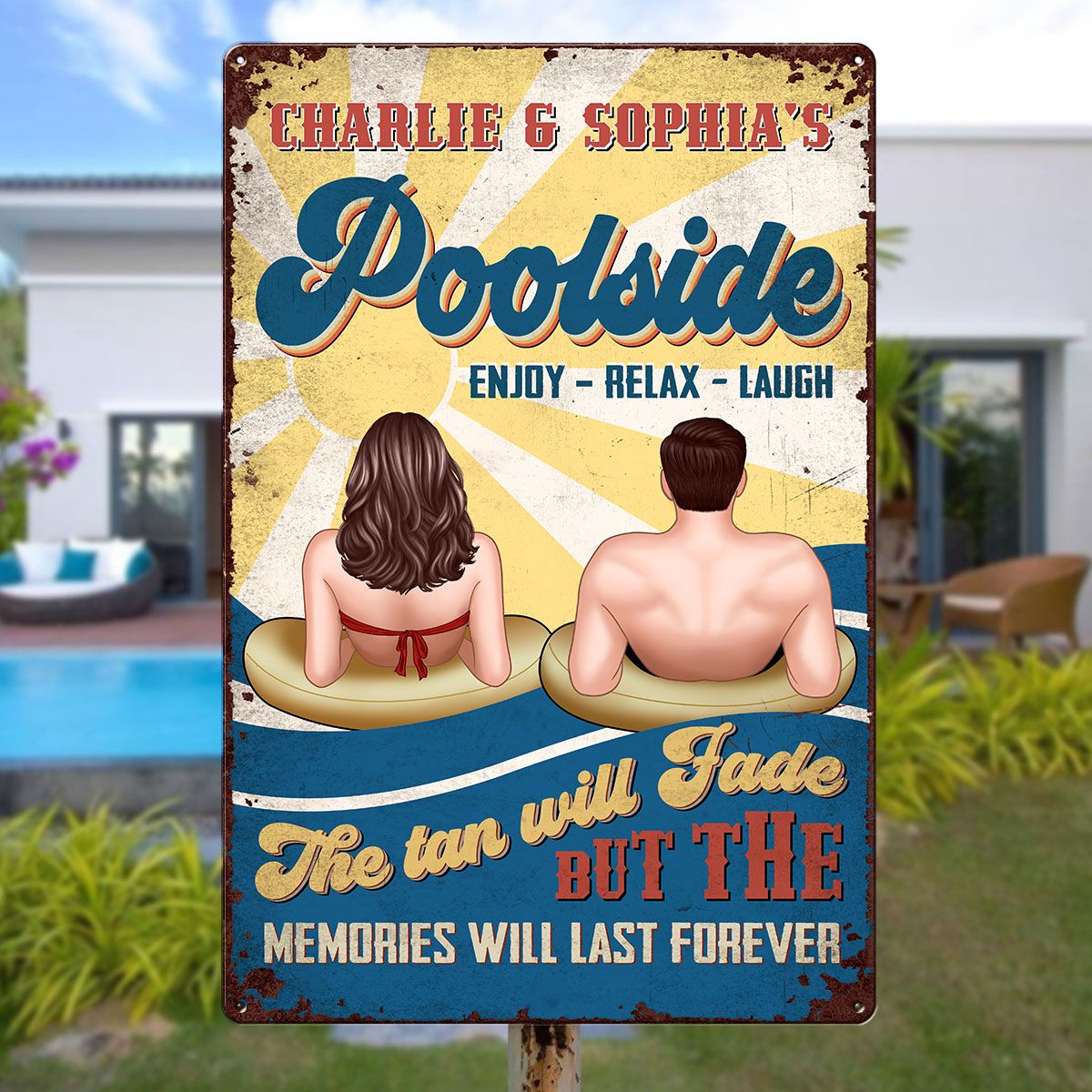 Couple Poolside Enjoy Relax Laugh Personalized Metal Sign