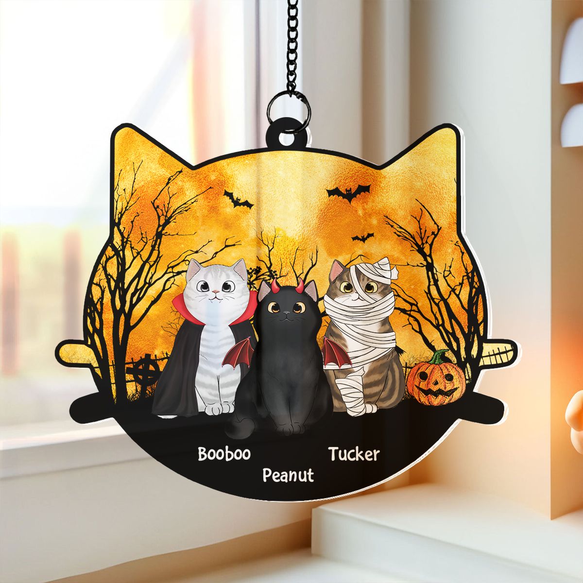 Halloween Cat Face Shaped Personalized Window Hanging Suncatcher Ornament, Halloween Decor For Cat Lovers