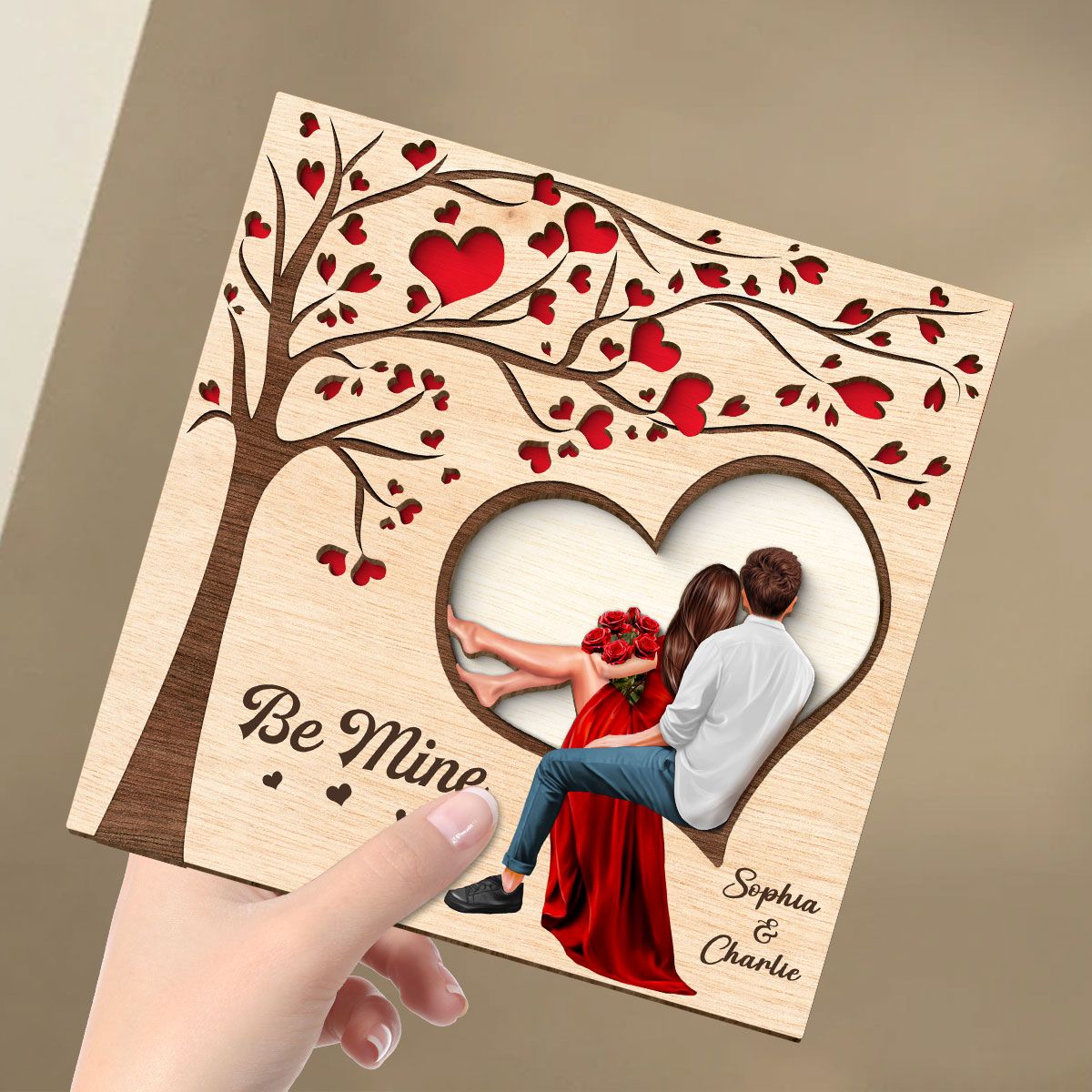 Couple Heart Tree Engraved Personalized 2-Layer Wooden Plaque, Valentine‘s Day Gift, Anniversary Gift For Him, For Her