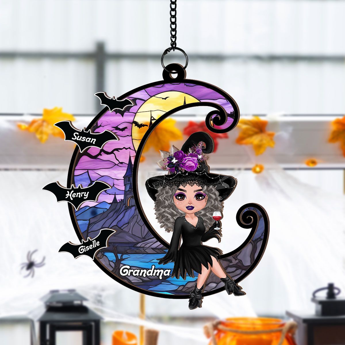 Grandma Mom Witch On Moon Personalized Suncatcher, Halloween Decor