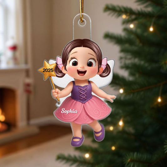 3D Effect Cute Cartoon Fairy Kid Christmas Personalized Acrylic Ornament, Beautiful Gift For Grandkids