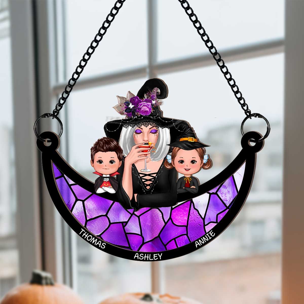 Grandma Grandkids Halloween Moon Personalized Suncatcher